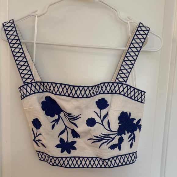 miami Tops - Miami White and Blue Floral Embroidered Crop Top